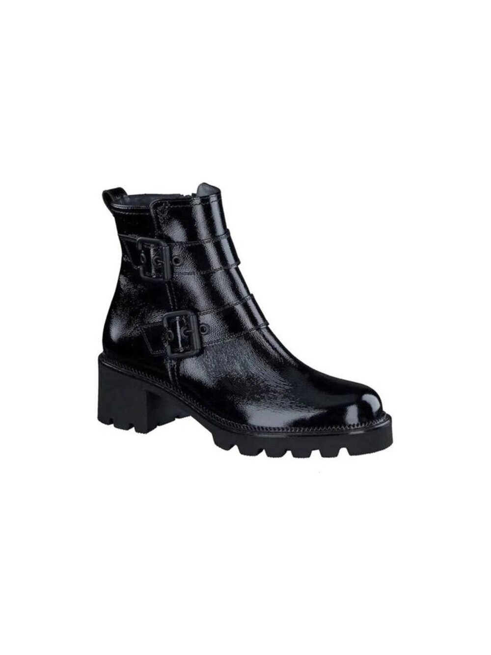 $600 PAUL GREEN Balboa Moto Boot BLACK PATENT BUCKLES CHUNKY LUG 7 US (TF13)